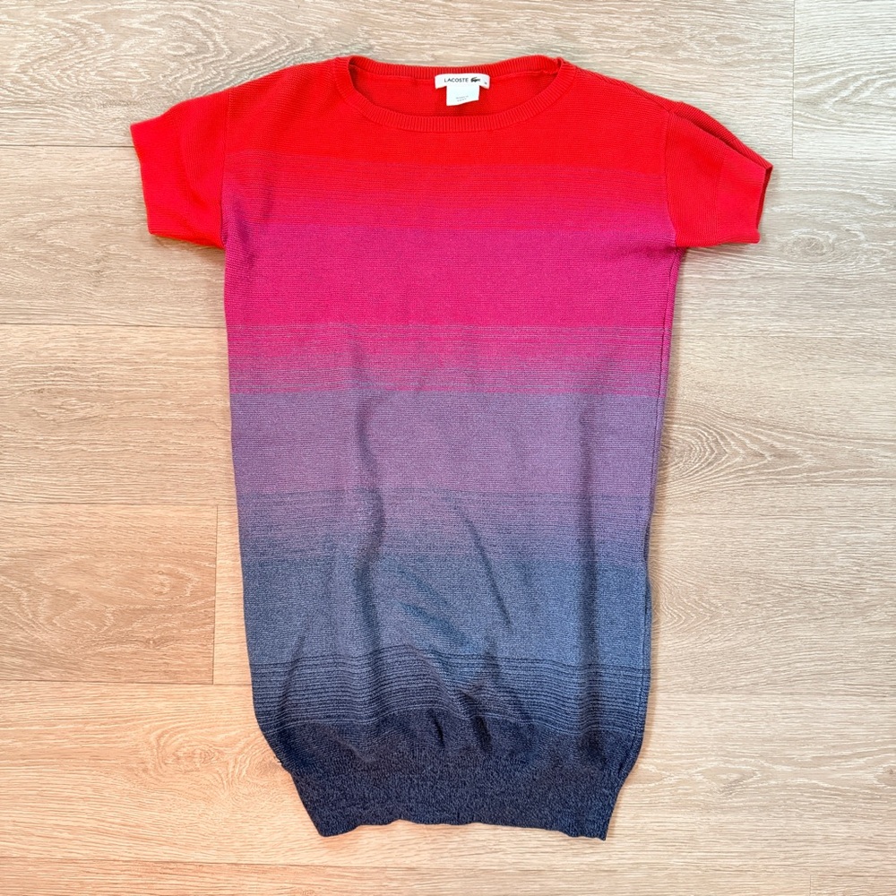 Lacoste Red, Pink, & Navy Gradient Knit Short Sleeve Sweater Dress, Large